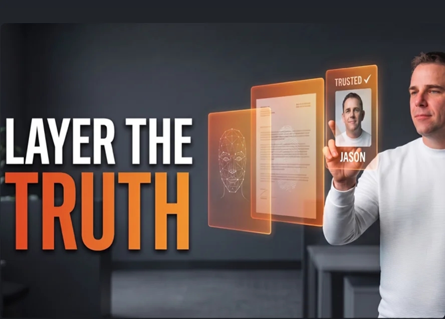 Man touching a glowing 'Trusted' identity panel beside the words 'Layer the truth'